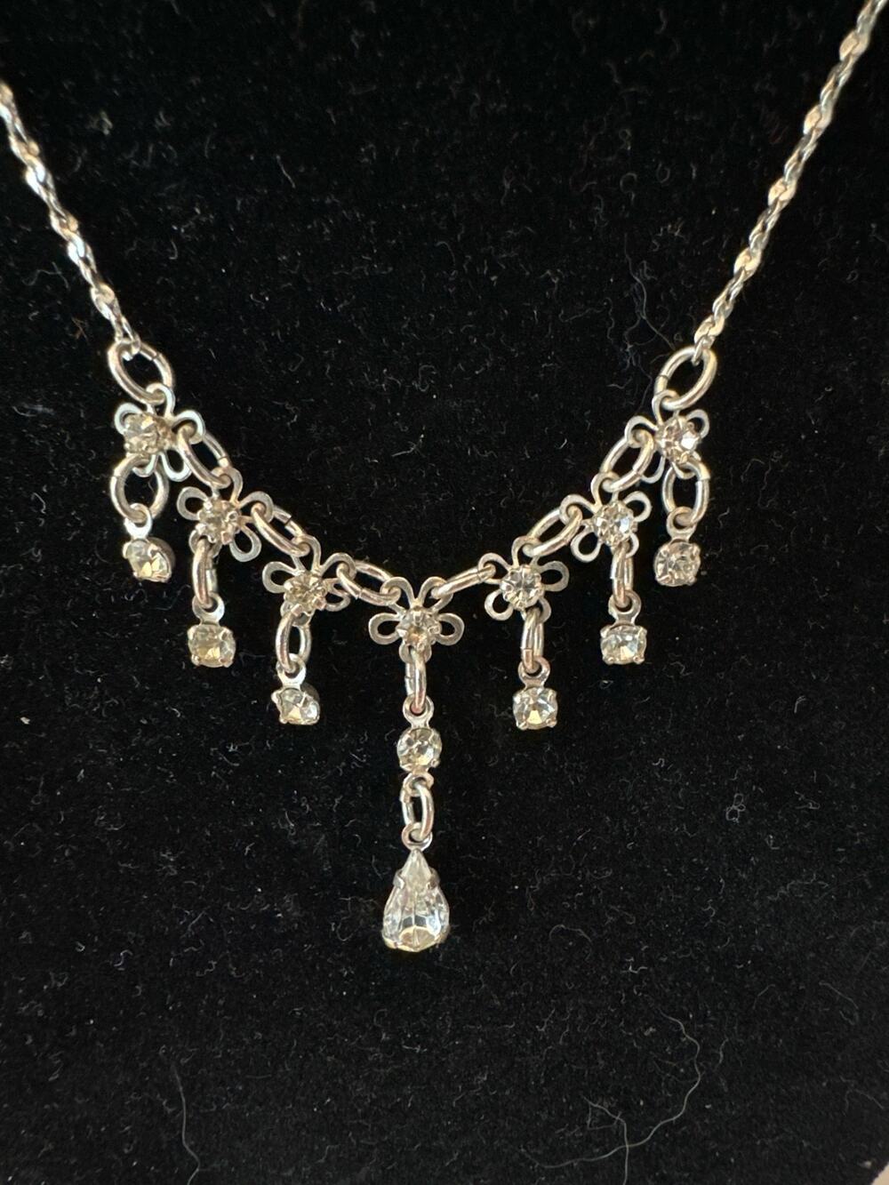 Signed Avon Rhinestone Festoon Drop Necklace Silver Tone Bridal Formal